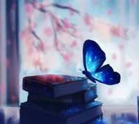 Papillon bleu enchanteur reposant sur des livres scintillants