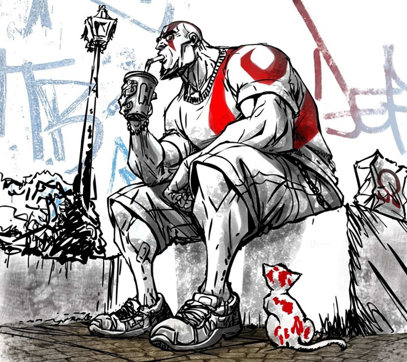 A cartoon drawing of a man sitting on a bench with a dog (cartoon, cool, dog, drawing, gangster)