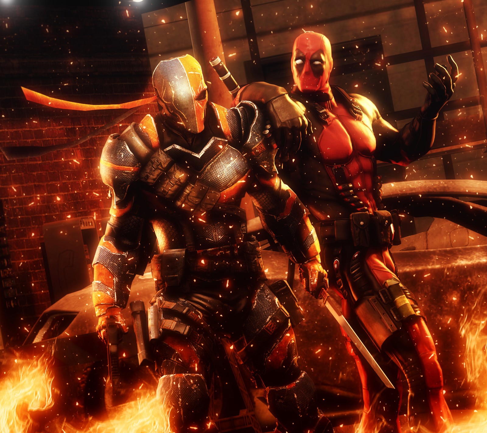 Dois homens em armadura de pé um ao lado do outro em um fogo (deadpool and, deathstroke meets in fire, sniperr552233)