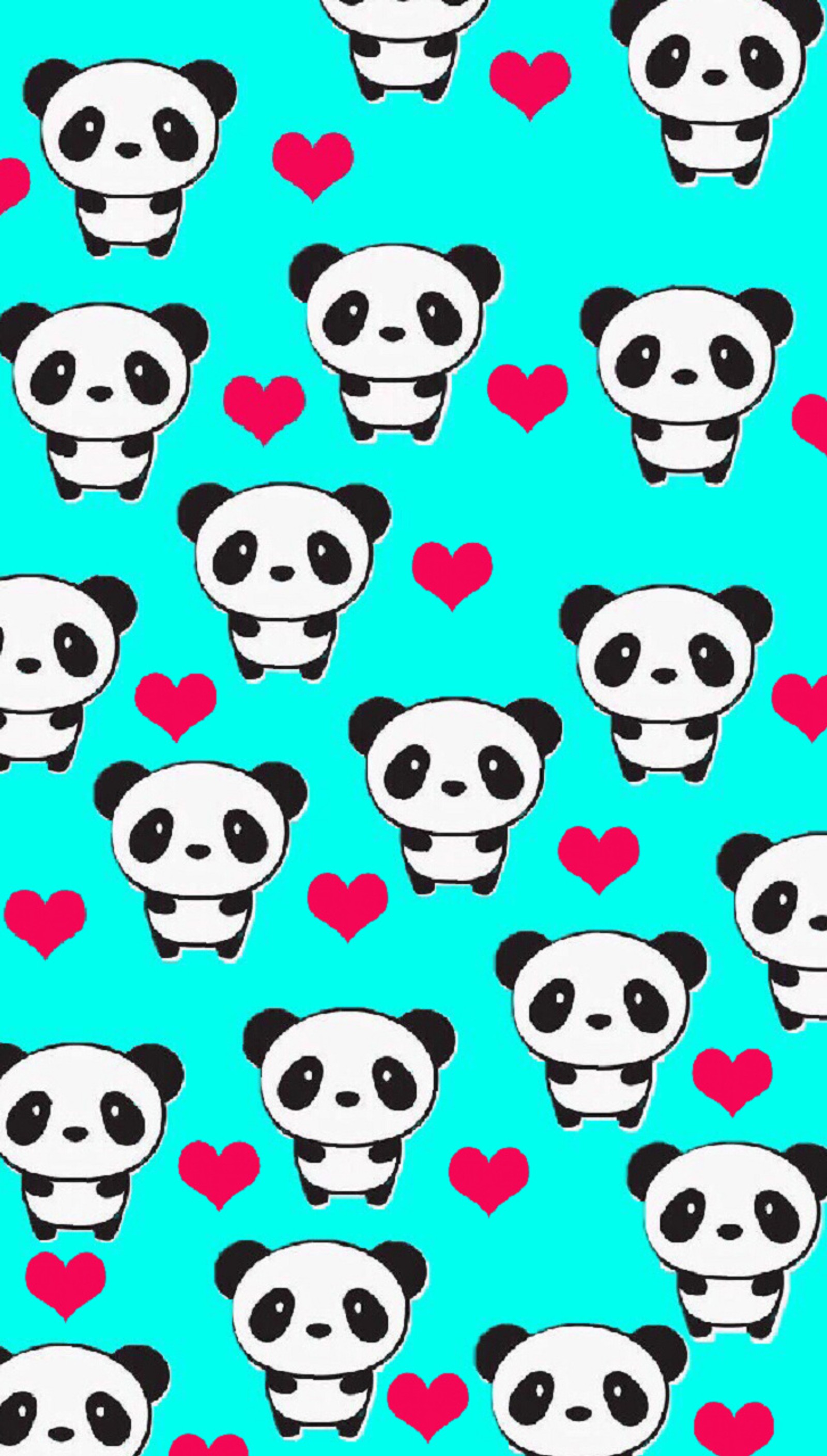 Un primer plano de un oso panda con corazones sobre un fondo azul (animal, panda)