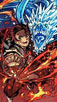 Tanjiro Unleashing Water and Fire Techniques Against Demonic Forces