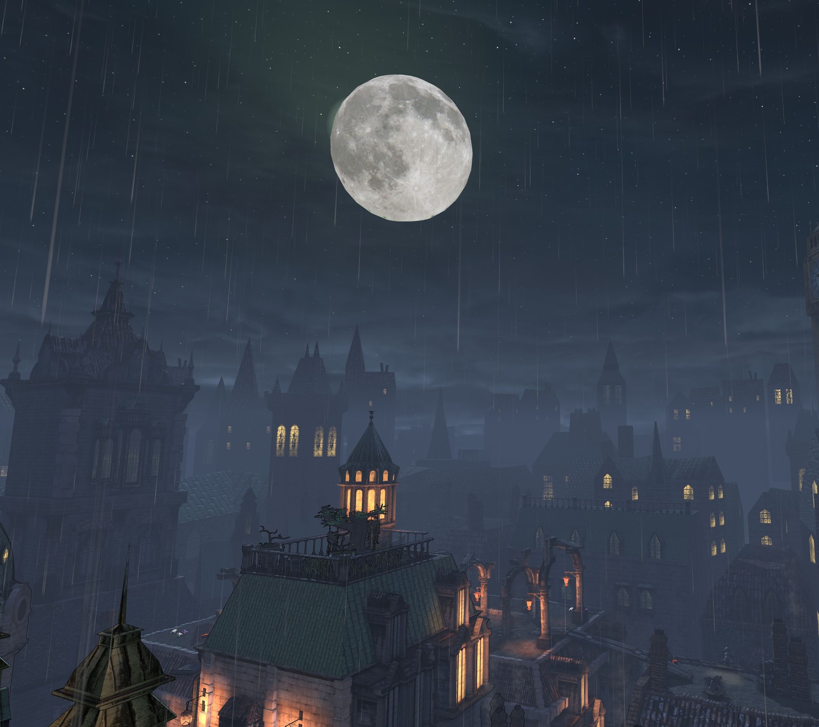 There is a full moon that is shining over a city (dark, fantasy, halloween, night)