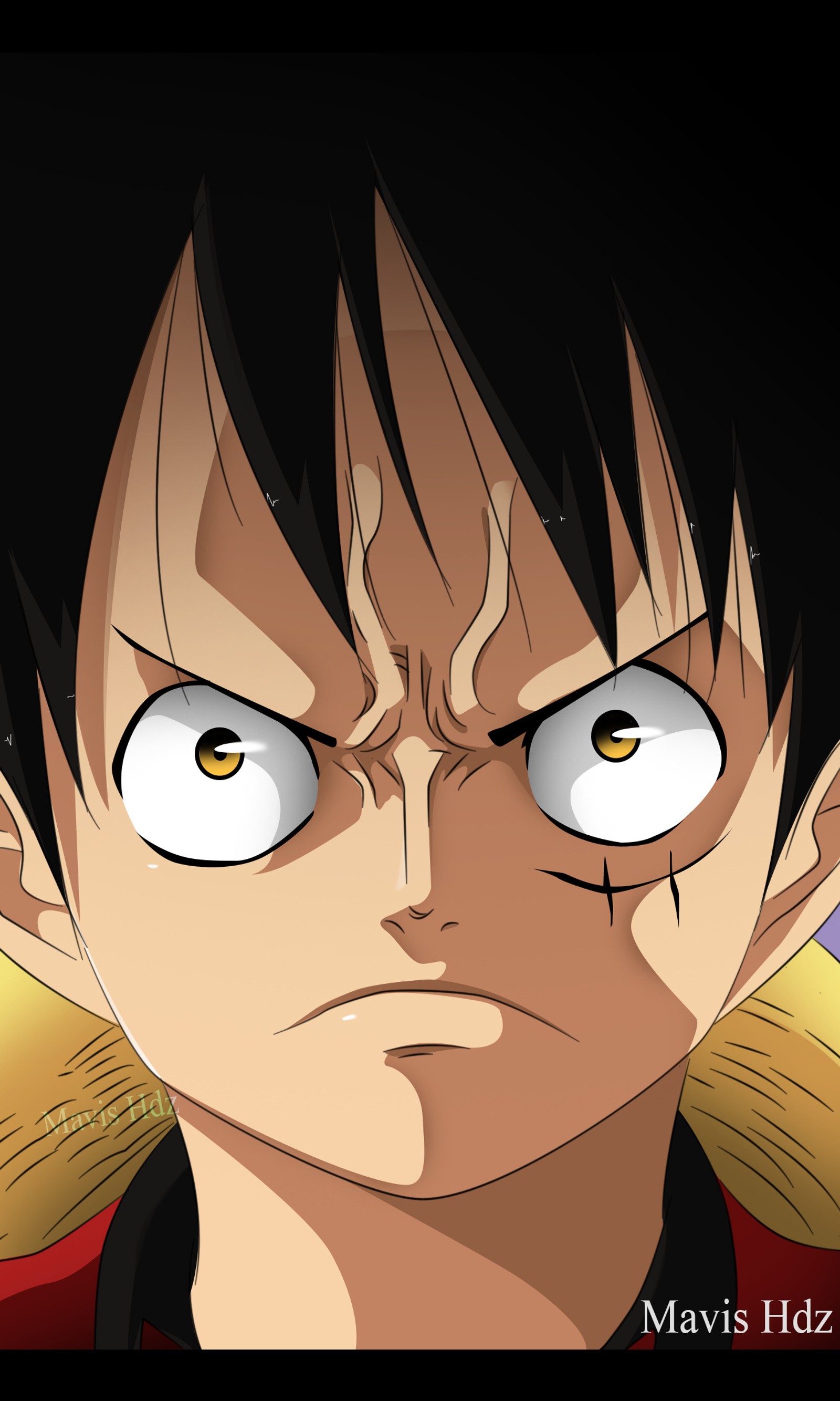 Personagem de anime com cabelo preto e olhos amarelos olhando para algo. (luffy, one piece)