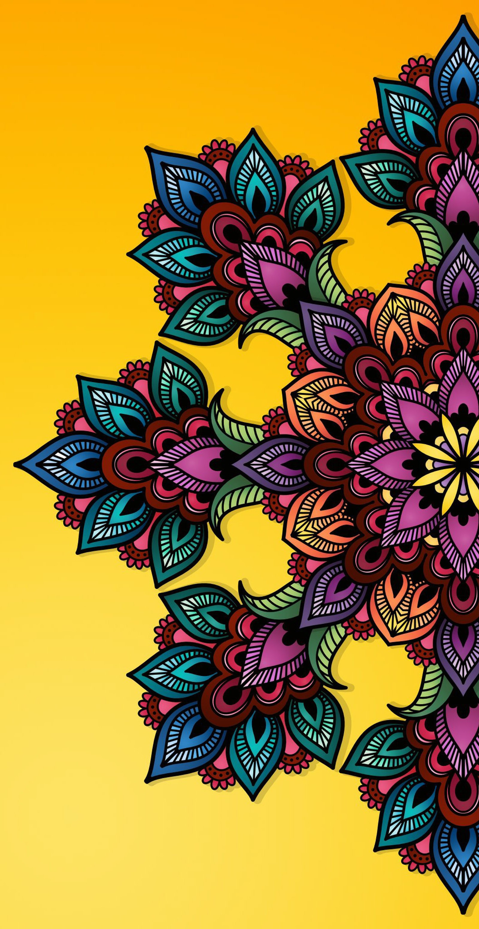 A close up of a colorful flower design on a yellow background (mandala, yellow)