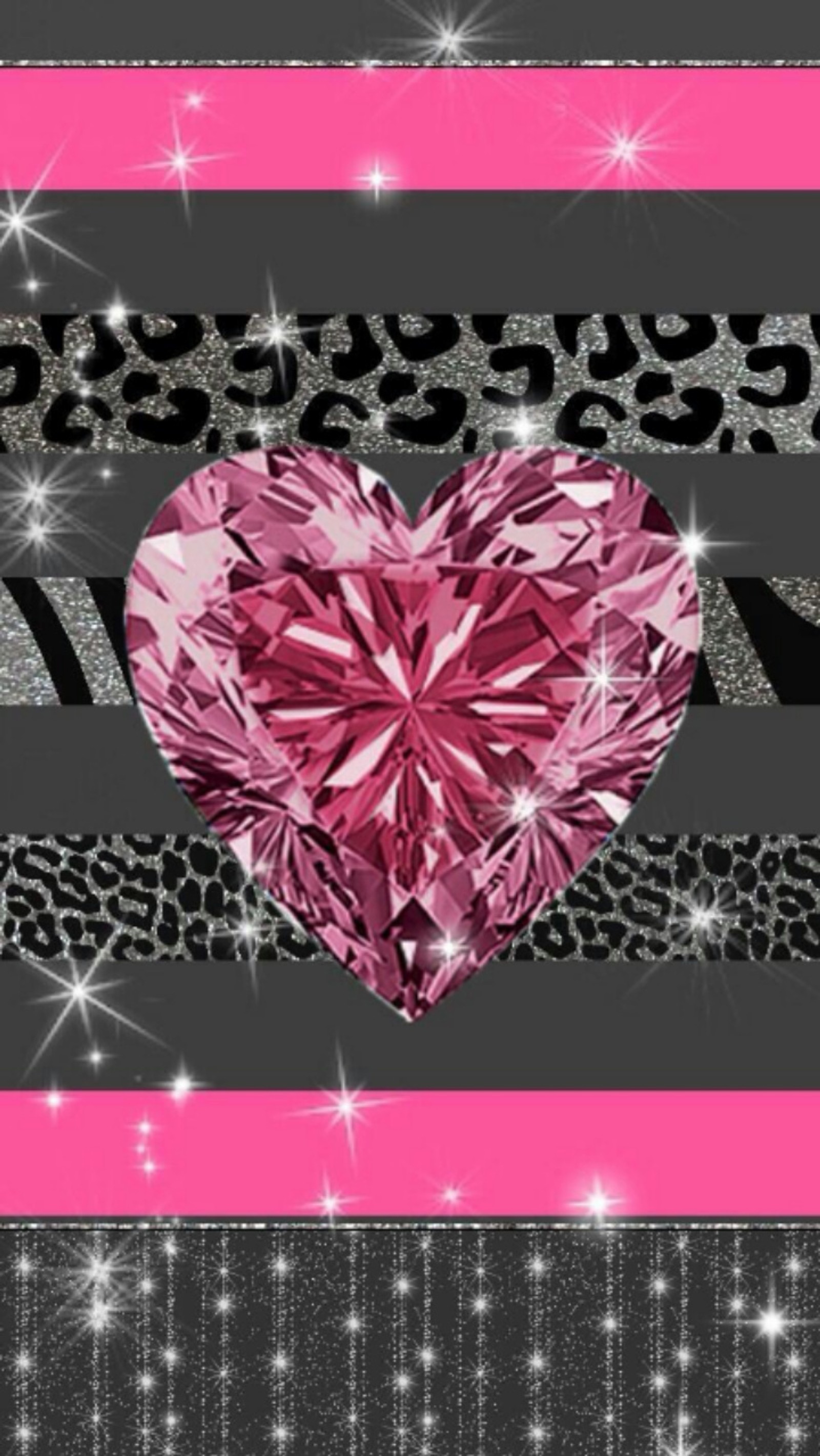 Zebra print heart with pink and black background and sparkles (diamond, pink)