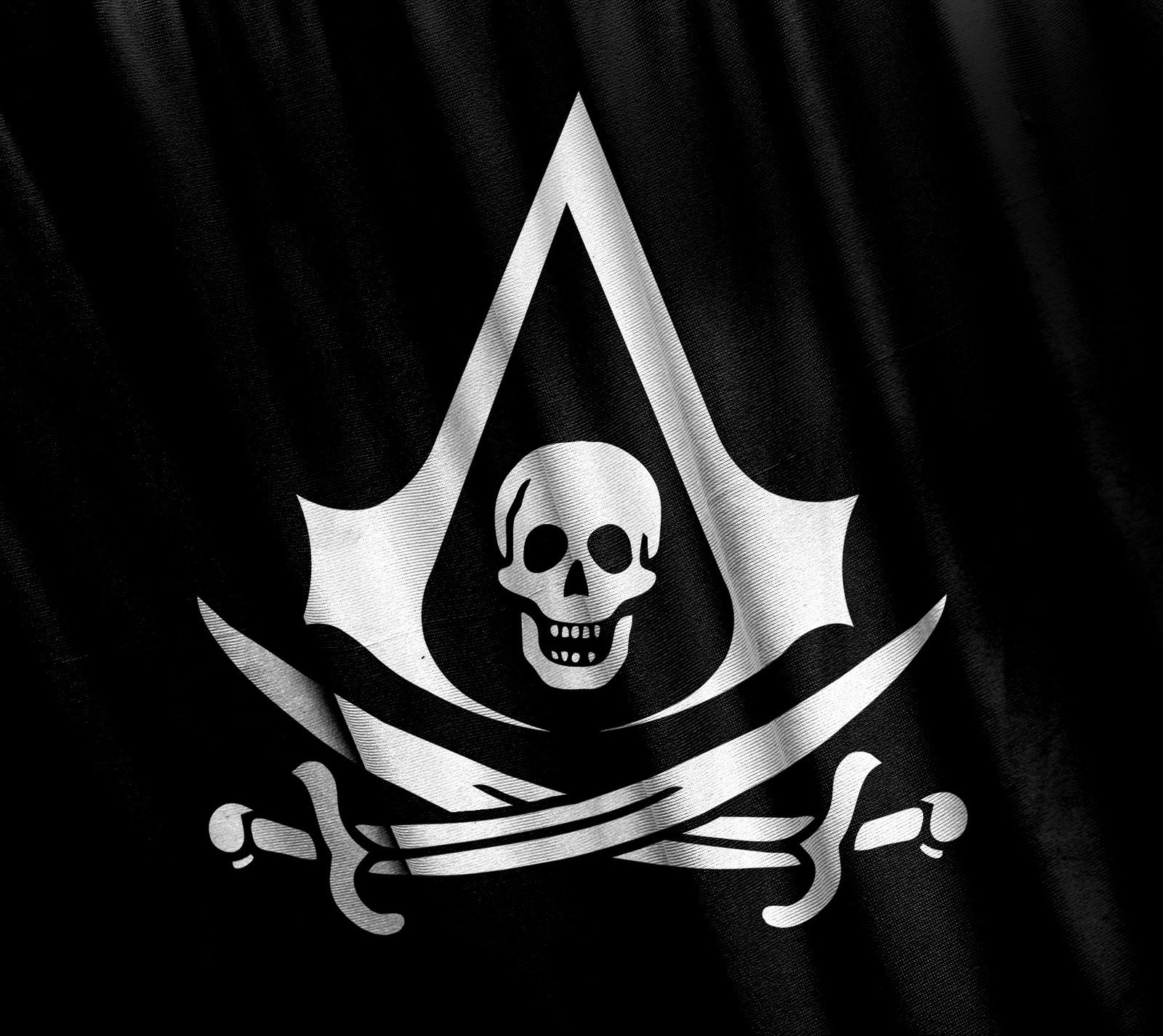 Um close de uma bandeira de pirata com um crânio e espadas (assassino, assassins creed, bandeira, crânio)