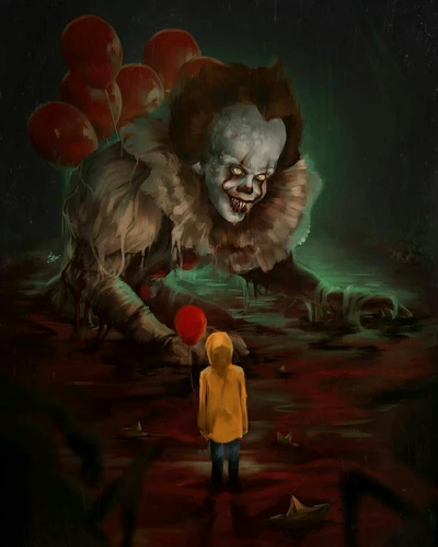 A child in a yellow raincoat stands fearfully before a monstrous clown, surrounded by eerie shadows and ominous red balloons.