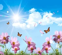 Sommerlandschaft mit Schmetterlingen und lebhaften Blumen unter einem sonnigen Himmel