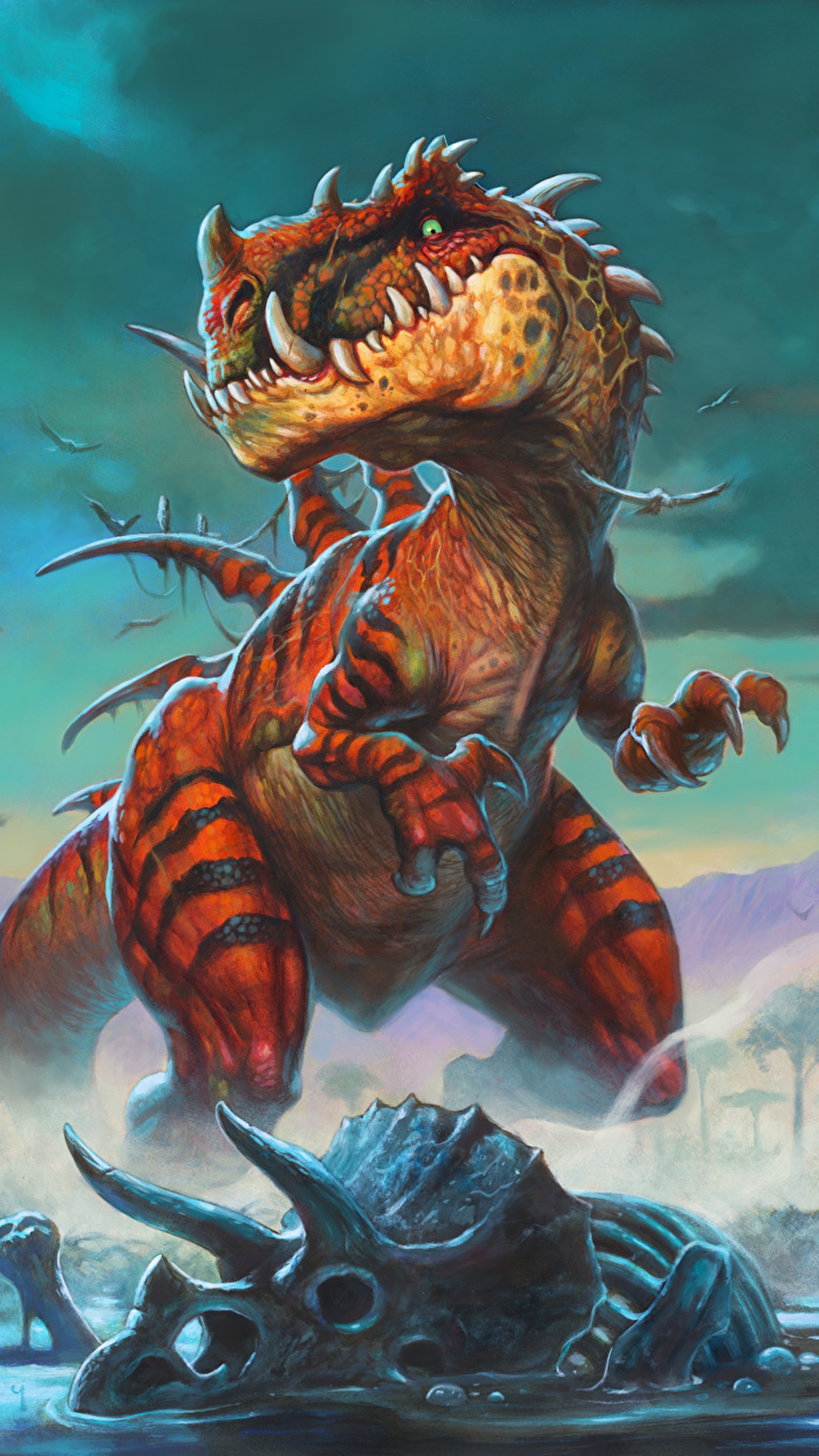 Pintura de um dinossauro atacando uma rocha no deserto (dino, hearthstone, pântano, warcraft)