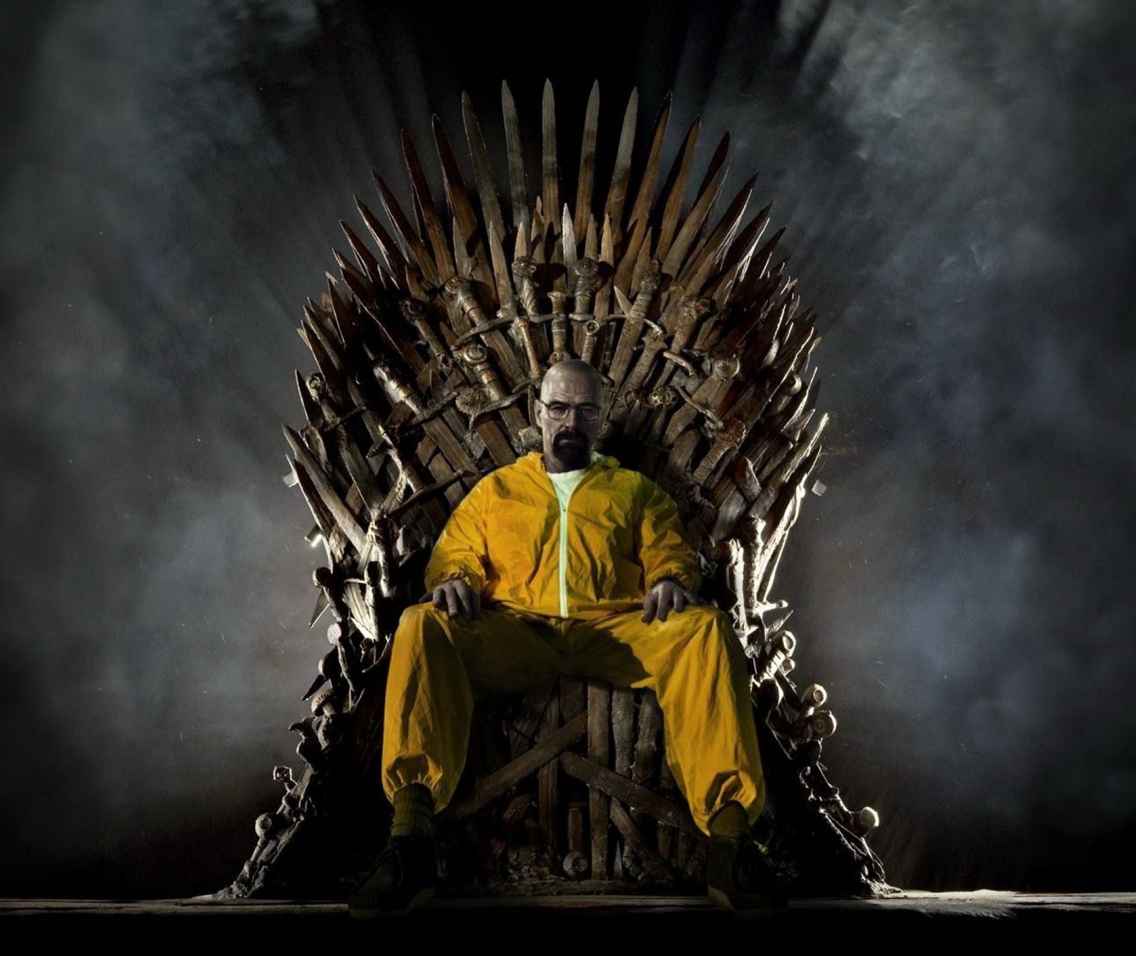 Araffe sitting on a iron throne with knives in his hands (breaking bad, heisenberg)