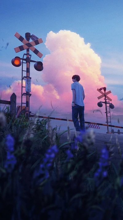 Serene Anime Landscape with a Young Man at a Train Crossing Under a Vibrant Sky