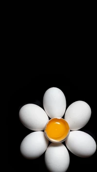 Eier in einem floralen Muster angeordnet, eines davon geöffnet, um das Eigelb zu zeigen