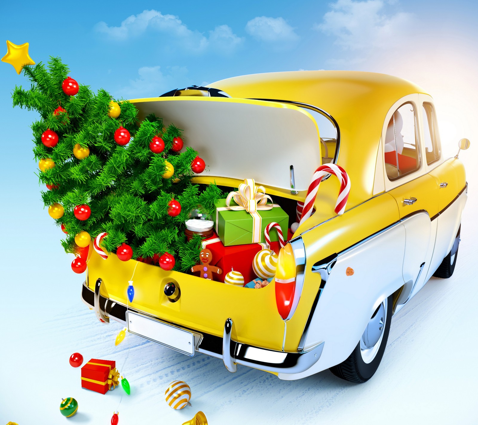 Imagem arafed de um carro com uma árvore de natal no porta-malas (car decoration, natal, presentes, temporada)