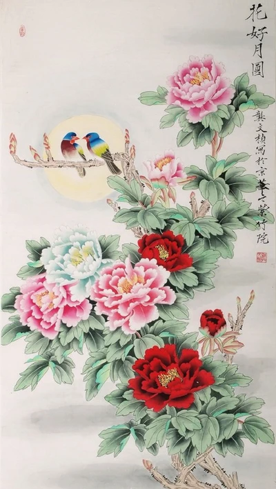 Vibrant Peonies and Two Birds in Harmonious Bloom