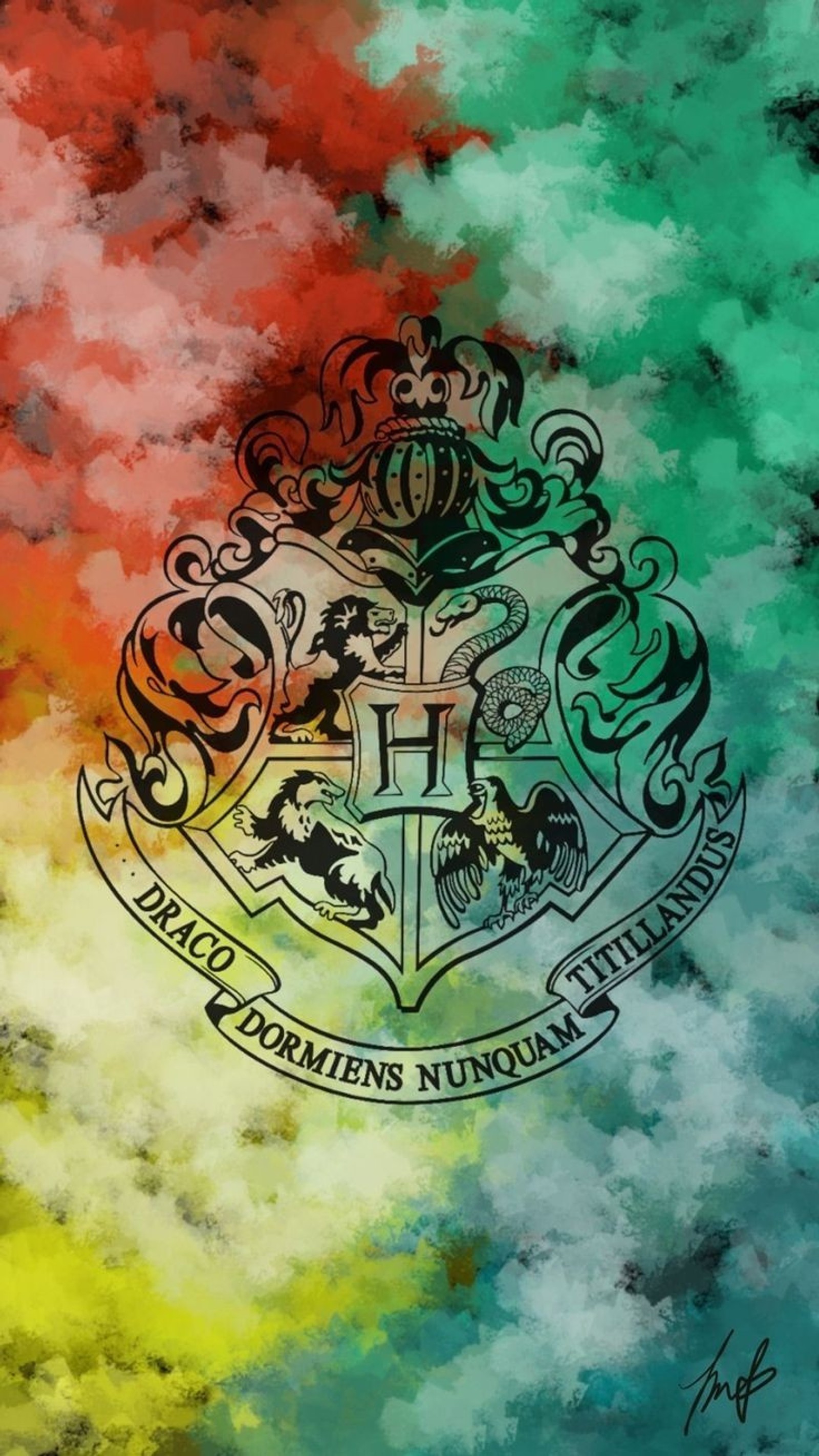 A painting of a hogwart crest with a rainbow background (fondo de pantalla, harry potter)