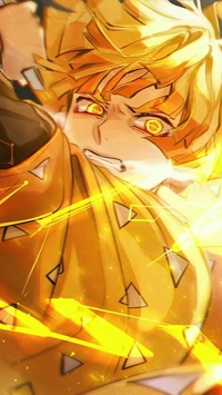 Zenitsu in Dynamic Action with Fiery Yellow Accents