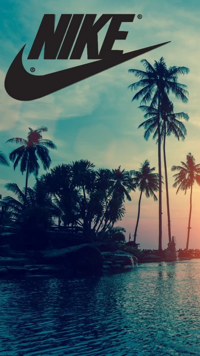 Nike Sunset Landscape with Palm Trees and Ocean Reflection