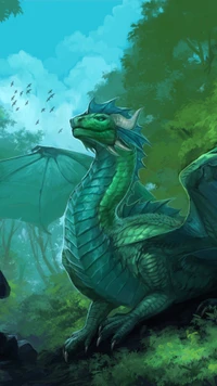 Dragon vert majestueux dans une forêt luxuriante : une illustration mythique