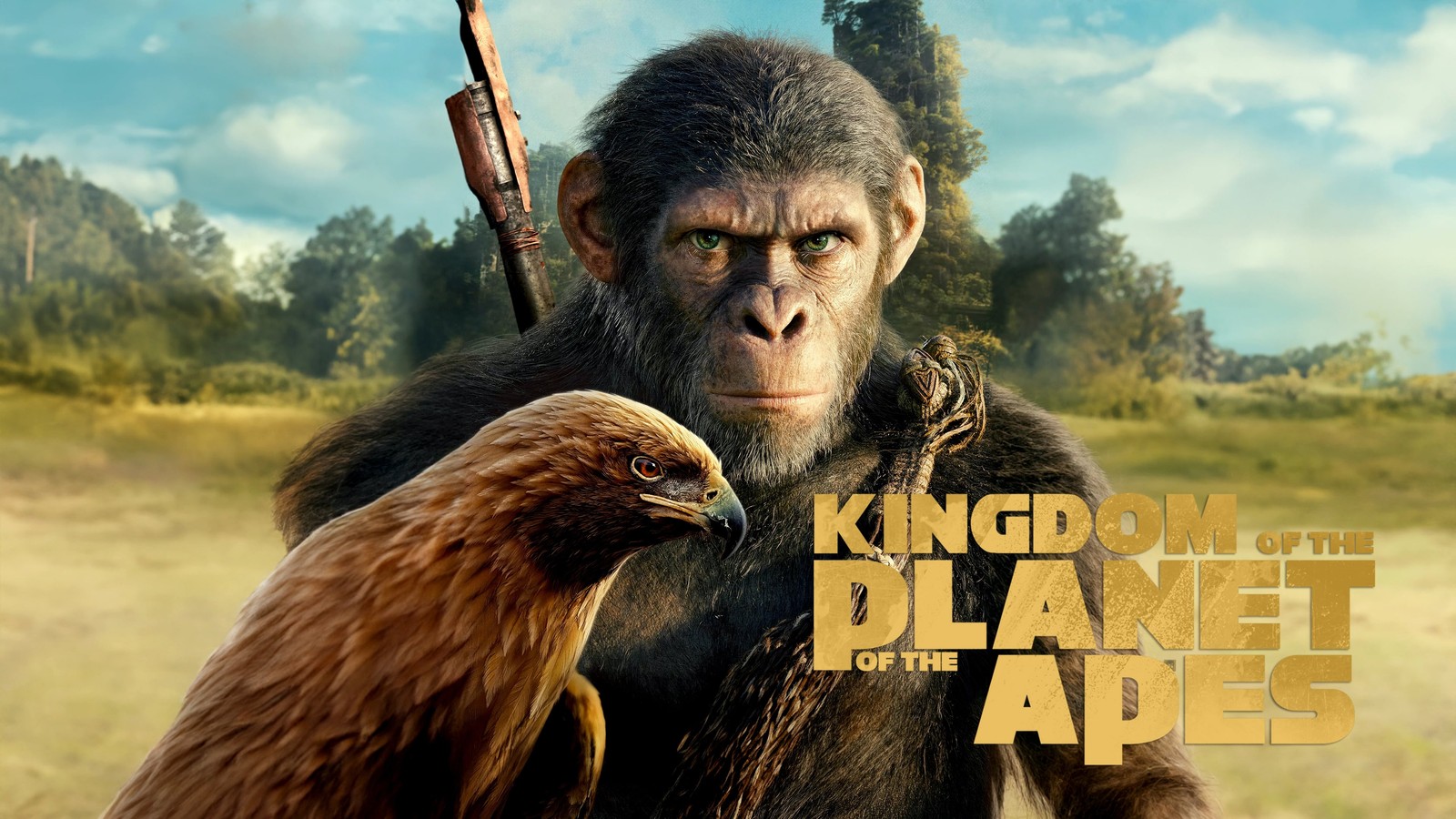 Un hombre sosteniendo un pájaro y un pájaro en su brazo (reino del planeta de los simios, cartel de película, películas de 2024, noa planeta de los simios, noa planet of the apes)