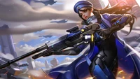 Ana de Overwatch em uma pose dinâmica, empunhando um fuzil de sniper contra um fundo urbano dramático.