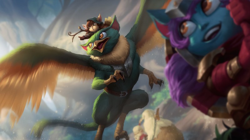 Близкий план мультяшного персонажа, летающего в воздухе (yordle ranger, lor, legends of runeterra, видеоигра, bandle city)