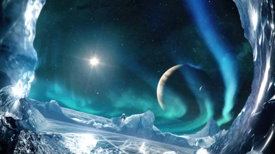 Otherworldly Ice Cave with Celestial Bodies and Aurora