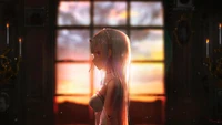 Emilia de Re:Zero contra um fundo de pôr do sol