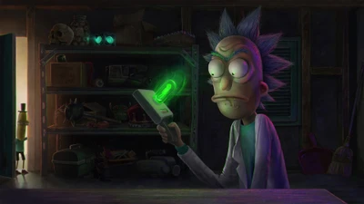 Rick Sanchez segura uma arma de portal brilhante em uma garagem bagunçada, mostrando seu gênio excêntrico no mundo animado de "Rick e Morty".