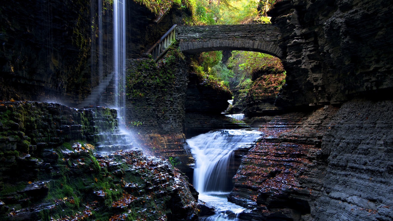 A view of a waterfall flowing under a bridge in a forest (waterfall, body of water, nature, natural landscape, water resources)