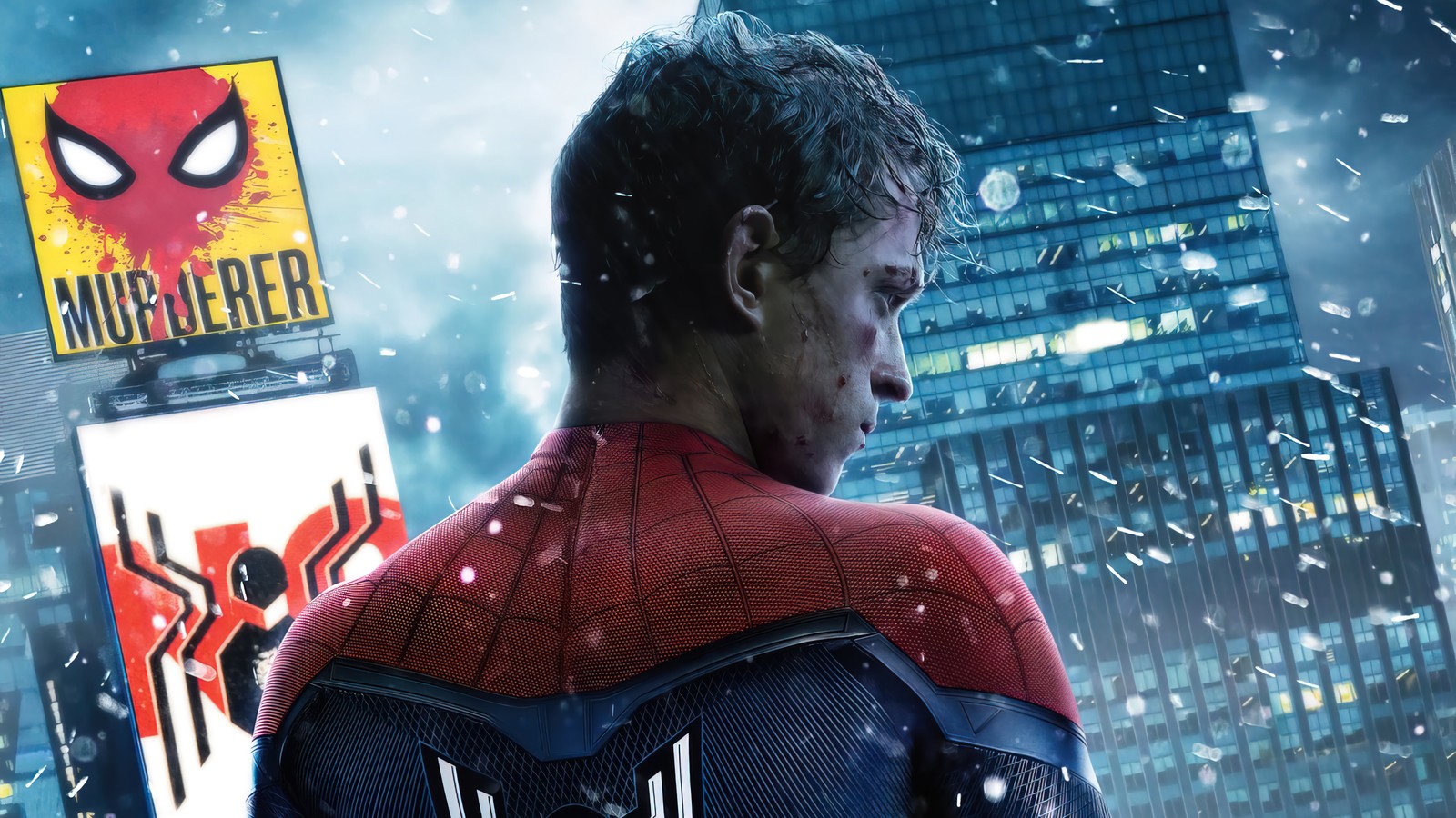 Spider - man in the city in the snow (spider man no way home, 2022, movie, spiderman, spider man)