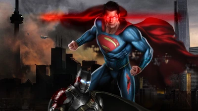 Enfrentamiento épico: Batman y Superman en un paisaje urbano dinámico