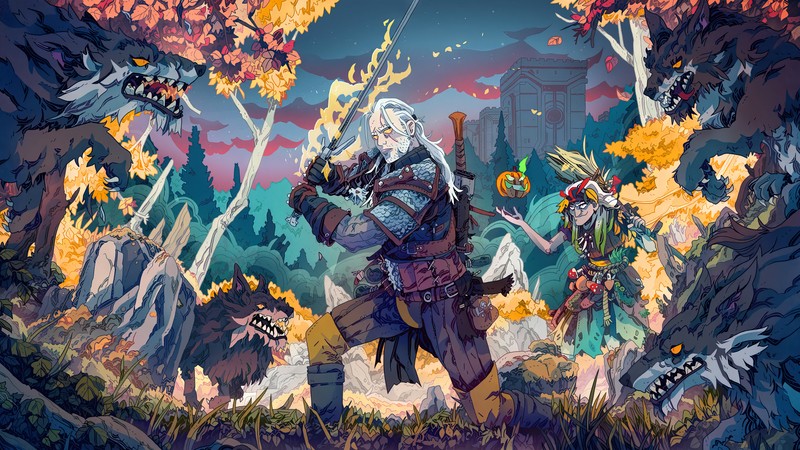 Ведьма и ее спутники окружены огнем и монстрами (геральт из ривии, geralt of rivia, фортнайт, fortnite, battle royale)