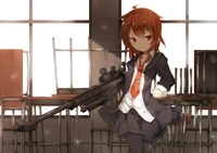 Fille d'anime avec des cheveux bruns et un fusil dans une salle de classe