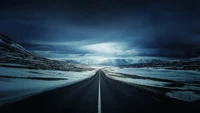 mountains, landscape, road, snow, scenery wallpaper