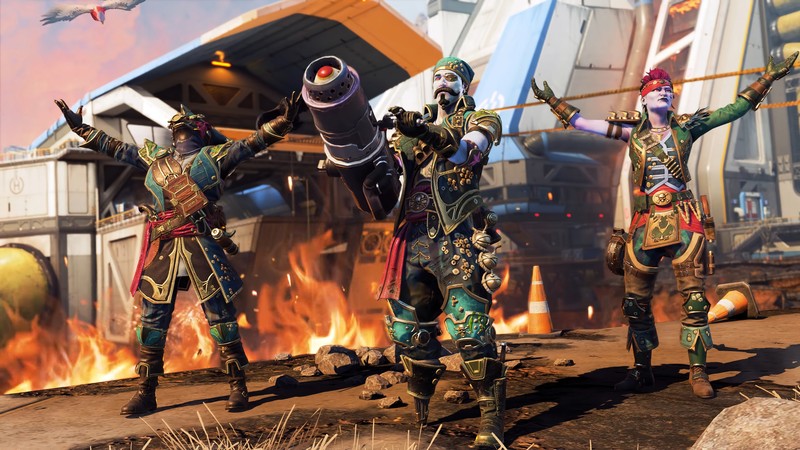 Группа людей в костюмах, стоящих перед огнем (apex legends, видеоигра, смешать, сумасшедшая магги, кровавый следопыт)