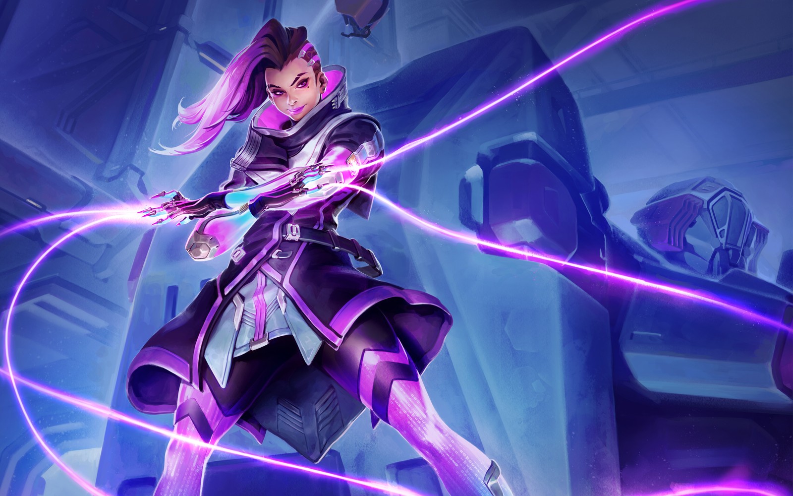 Une femme en tenue violette tenant une épée dans une pièce (overwatch, blizzard entertainment, diablo, violet, lumière)