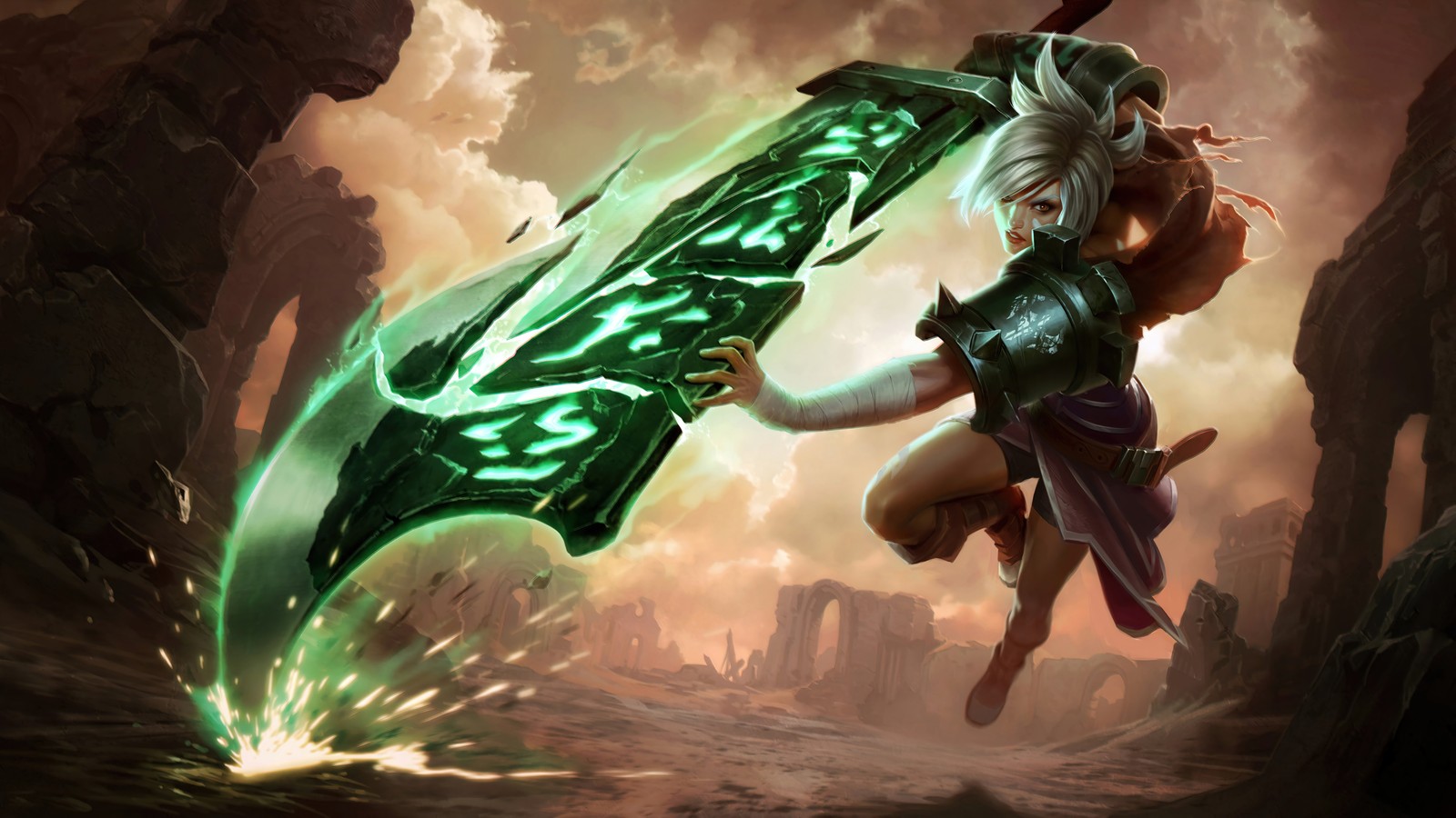 Uma mulher em um traje verde segurando uma espada verde (riven, lol, wild rift, league of legends, jogo de vídeo)