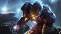 Iron Man en una escena empapada de lluvia, mostrando su icónico traje y su reactor de arco brillante.