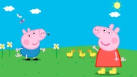 George Pig et Peppa Pig profitent d'une journée ensoleillée dans un paysage de dessin animé vibrant avec des fleurs et des canards joueurs.