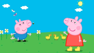 George Pig e Peppa Pig desfrutando de um dia ensolarado em uma paisagem de desenho animado vibrante com flores e patos brincalhões.