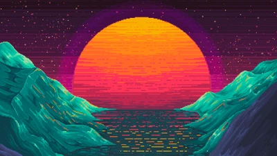 coucher de soleil, pixel, art, paysage, art numérique