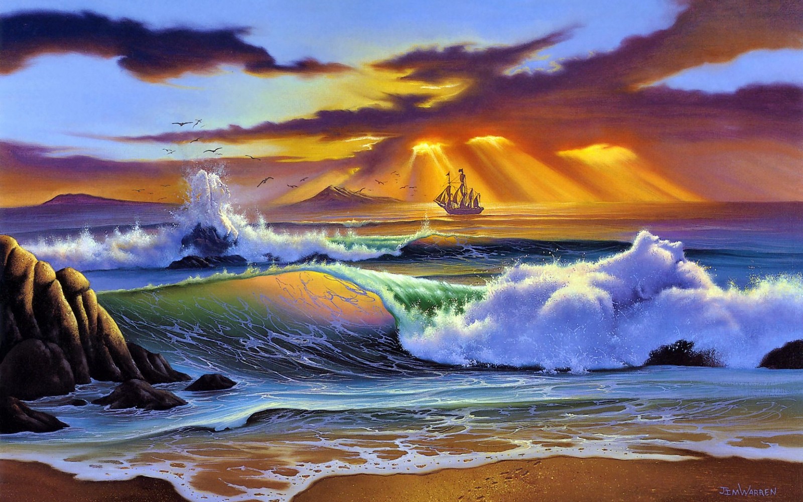 Uma pintura de um navio navegando no oceano ao pôr do sol (pintura, onda, mar, onda de vento, costa)