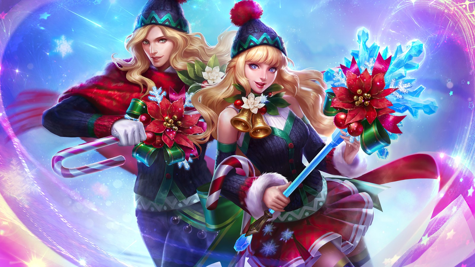 Dos mujeres vestidas con disfraces navideños sosteniendo decoraciones navideñas (lancelot, odette, carnaval de navidad, piel, mobile legends)