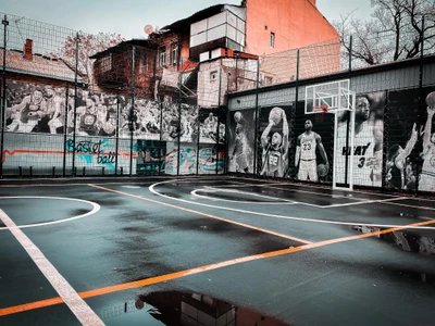 Terrain de basket urbain avec des fresques colorées et un asphalte brillant