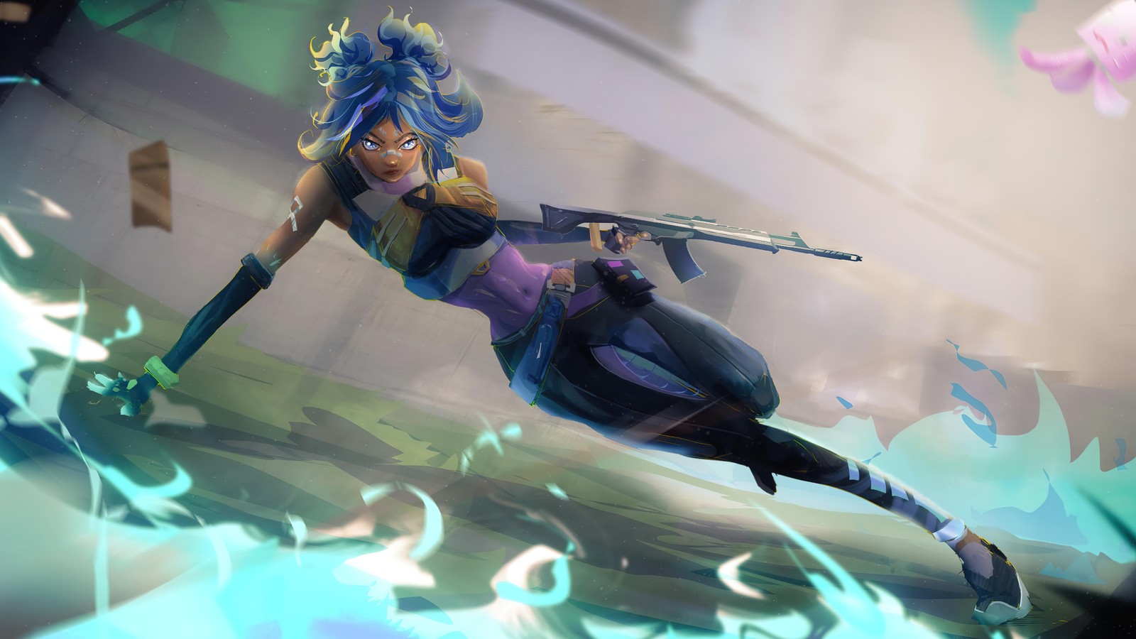 A woman in a blue outfit holding a gun and flying through the air (neon, valorant, video game, art)