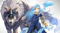 Rimuru Tempest and Ranga in a dramatic pose, showcasing their bond and powers in a fantasy setting.