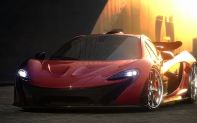 Суперкар McLaren P1 на фоне сияющего заката