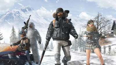 Equipe épica de inverno no PUBG: personagens diversos em trajes estilosos lutando contra o frio