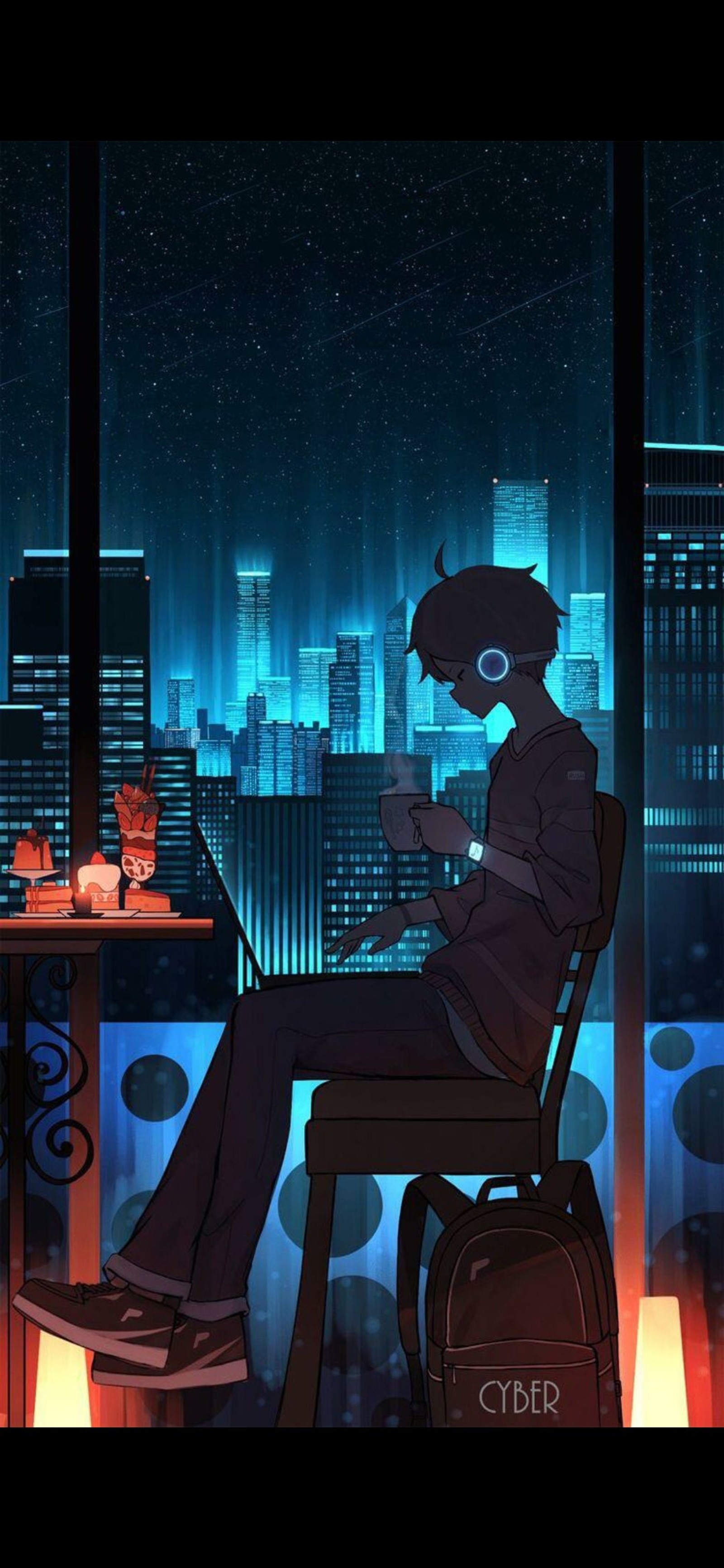 Anime boy sitting on a chair in front of a window with a city view (illustration, cartoon, flesh, art, entertainment)