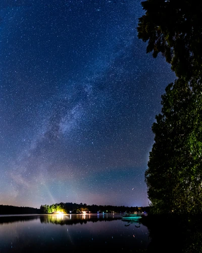 Réflexion de la Voie lactée sur un lac serein au crépuscule